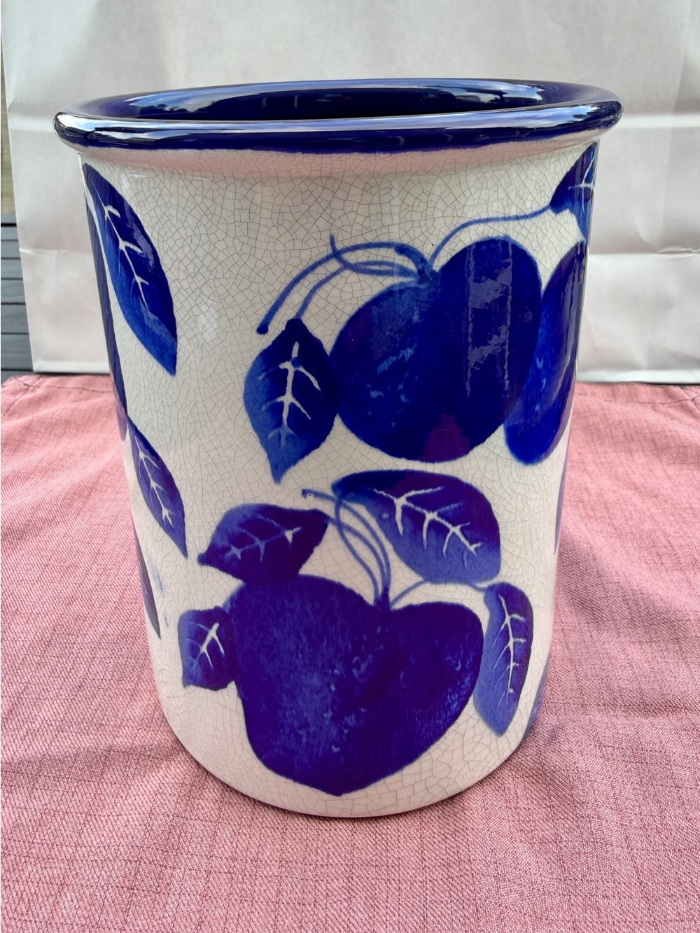 Crate&Barrel Blue and Cream Ceramic Utensil Holder with Fruit Motif